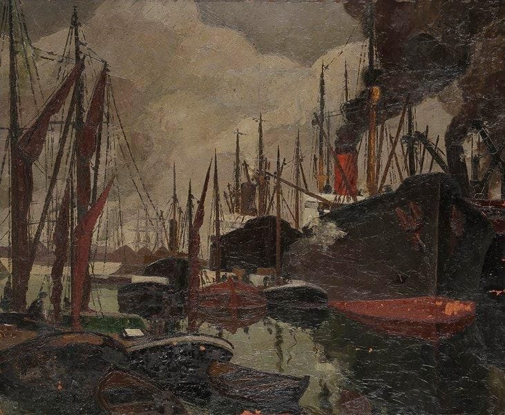 Joseph Marie LE TOURNIER (1892-1972)
Port de Anvers, 1926 Huile sur toile. Signée et datée en bas à gauche. Signée et titrée au dos. (Manques). 81 x 100 cm
