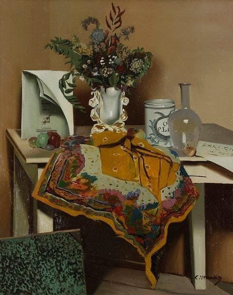 Claude VENARD (1913-1999)
Nature morte au foulard, vers 1940 Huile sur toile. Signée en bas à droite. (Petite restauration). 100 x 81 cm