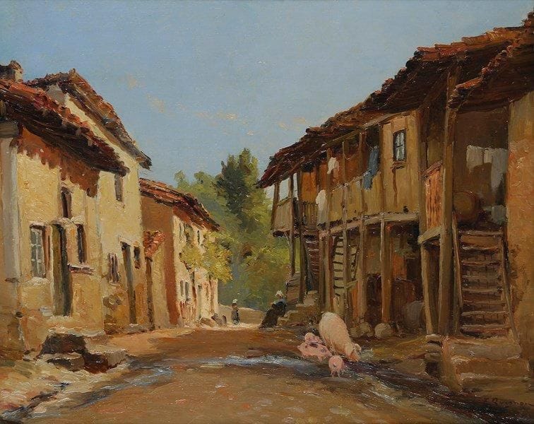 Fernand QUIGNON (1854-1941)
Vieille rue à Chateldon Huile sur panneau. Signée en bas à droite. Titrée au dos. 38 x 46 cm