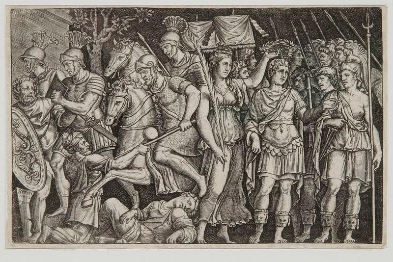 Étienne Delaune (1518/19-1595)
Trajan entre la Ville de Rome et la Victoire. Burin. 130 x 84. Robert-Dumesnil 300. Belle épreuve rognée sur le coup de planche. Cadre
