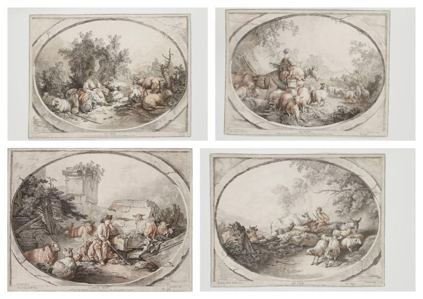 Gilles DEMARTEAU L'AINE (1722-1776)
Le Matin; Le Midi; L'Après-midi; Le Soir. Gravure en manière de crayon d'après  J.-B. Huet. Chaque 345 x 265. Cat. raisonné 546 à 549. Impression en couleurs (noir et sanguine). Suite complète de 4 pl. Très belles et fraîches épreuves rognées au trait carré, bien complètes de la tablette