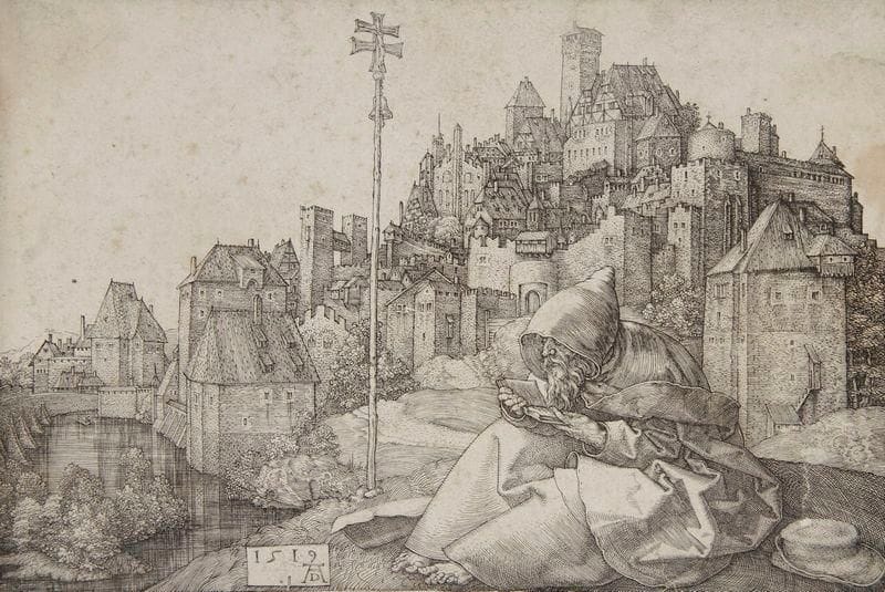 Albrecht Dürer (1471-1528)
Saint Antoine. 1519. Burin. [144 x 98]. Bartsch 58; Meder 51; Strauss 87. Bonne épreuve irrégulièrement rognée sur le coup de planche ou à l'intérieur de celui-ci, le trait carré toutefois visible à gauche et à droite. Petites épidermures et fracture dans l'angle inférieur droit du sujet, sur et au-dessus du chapeau (anciennement restaurées au verso). Petites rousseurs claires. Au verso, traces de colle et épidermures dans les angles