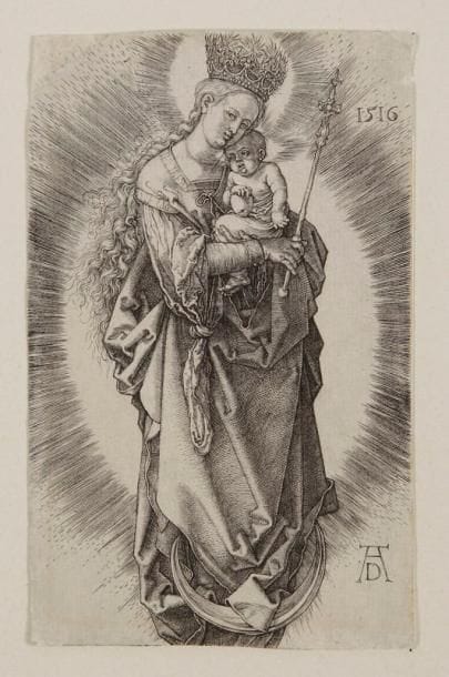 Albrecht Dürer (1471-1528)
La Vierge à la couronne d'étoiles et au sceptre. 1516. Burin. 72 x 115. Bartsch 32; Meder 37; Strauss 85. Belle épreuve irrégulièrement rognée au sujet. Les angles supérieurs restaurés. Ex-coll. A. Firmin-Didot (Lugt 119)