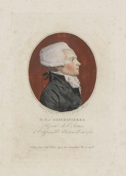 Franz-Gabriel Fiesinger (1723-1807)
J. Roberspierre [sic] / Député de l'Artois / à l'Assemblée Nationale en 1789. Gravé d'après Guérin. 110 x 166. Très belle épreuve en très beau coloris du temps. Légères rousseurs. Petite galerie de vers en bas à gauche. Toutes marges