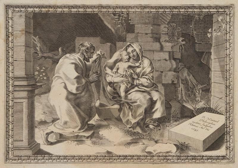 Robert NANTEUIL (1623-1678)
La Sainte Famille. 1645. Burin (copie en contre-partie de la gravure de Mellan). 360 x 246. Bartsch 2. Belle épreuve. Petites auréoles claires d'humidité et rousseurs. Bonnes marges. Ex-coll. G. Usslaub (Lugt 1221)