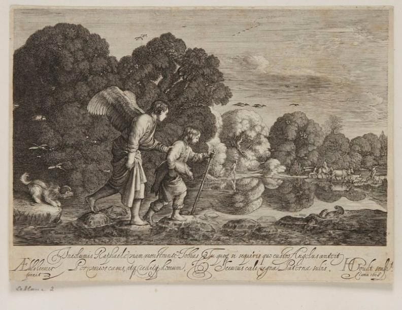 Hendrick Goudt (1582 ou 1588-1630 ou 1648)
Tobie et l'Ange. 1608. Eau-forte d'après A. Elsheimer. 185 x 135. Bartsch 1. Belle épreuve rognée sur le coup de planche. Petite inscription à la plume et à l'encre sépia au verso. Minuscules taches brunes dans la tablette. Petites épidermures dans les angles au verso