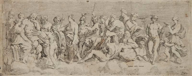François Perrier (c.?1590-c.?1650)
Psyché admise au nombre des divinités de l'Olympe. Eau-forte d'après Raphaël. 495 x 190. Le Blanc 18. Bonne épreuve du 1er état (sur 2), avant l'adresse de Rossi, les noms des artistes repris à la plume. Plis, accidents et petites taches. Marges étroites. Joint: bandeau manuscrit à la plume et à l'encre sépia ayant anciennement accompagné la planche