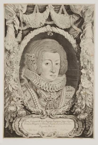 Jacob Louys (1595- ?)
Marie-Anne, infante d'Espagne, épouse de l'empereur Ferdinand II. Eau-forte (avec P. Soutman pour la figure). 275 x 408. Très belle épreuve rognée au coup de planche. Un point de rouille visible essentiellement au verso. Rousseurs claires. Petites traces de colle aux bords du feuillet. Ex-coll. A. Firmin-Didot (Lugt 119)