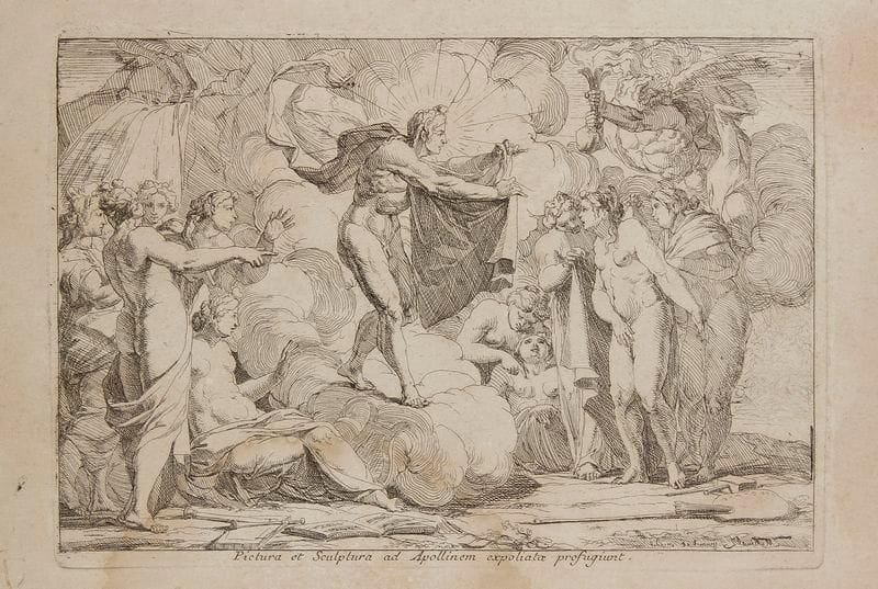 Antoine Rivalz (1667-1735)
Pictura et Sculptura ad Apollinem expoliatae profugiunt. 1726. Eau-forte. 218 x 150. Belle épreuve collée sous passe-partout. Auréole claire d'humidité en pied