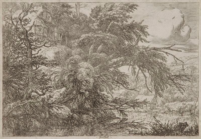 Jakob Isaakszoon van Ruisdael (1628 ou 1629-1682)
La Chaumière au sommet d'une colline. Vers 1660. Eau-forte. 278 x 195. Le Blanc 3. Belle épreuve en tirage postérieur (début XIXe s.), rognée sur le coup de planche. Infimes accidents aux bords du feuillet. Au verso, paraphe de Naudet avec la date «1815» (Lugt 1937)
