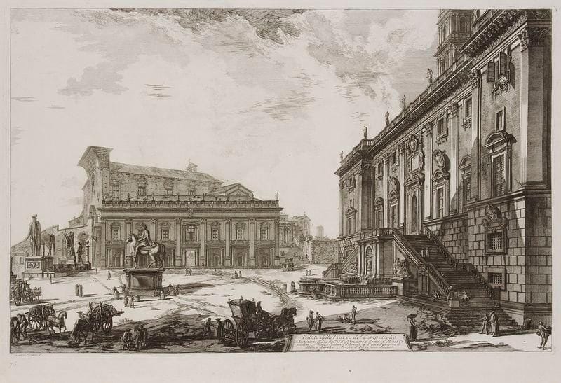 Giambattista PIRANESI (1720-1778)
Veduta della Piazza del Campidoglio. 1774. Eau-forte. 695 x 445. Hind 111 (i/iii). Très belle épreuve, soigneusement lavée, du 1er tirage parisien. Pli vertical médian normal. Très claire oxydation et légères rousseurs aux bords du feuillet. Toutes marges