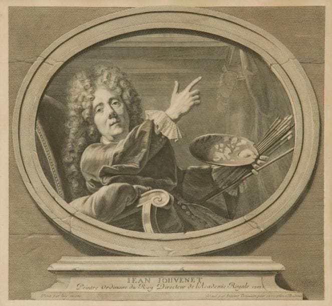 Antoine TROUVAIN (vers 1650-1710)
Jean Jouvenet Peintre ordinaire du Roy Directeur de l'Académie Royale. Morceau de réception à l'Académie. 1707. Gravé d'après Jouvenet. 367 x 336. Le Blanc 13. Belle épreuve, oxydée sous le passe-partout. Rousseurs claires. Marges. Cadre