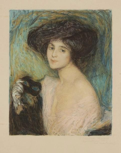 Edmond Aman-Jean (1860-1936) (d'après)
Femme au masque. 1900. Eau-forte par Nori Malo-Renault. 255 x 312. Impression en couleurs. Belle épreuve sur vélin, dédicacée à la mine de plomb «à Monsieur Porcabeuf / sympathiquement» et signée par la graveuse. Oxydation à l'ouverture d'un ancien montage. Toutes marges