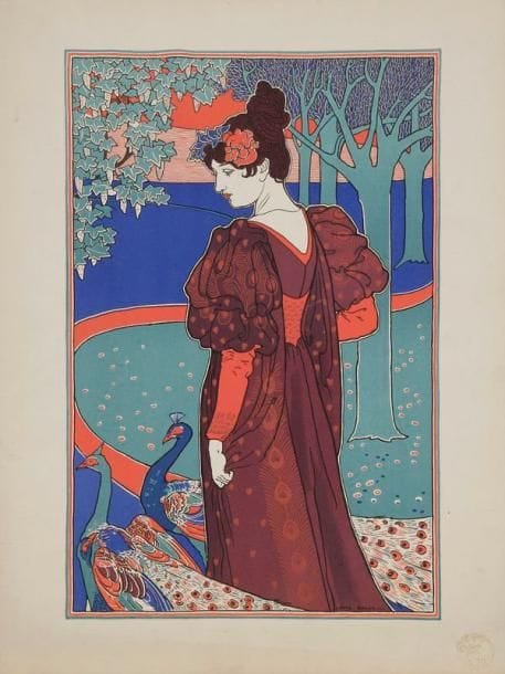 Louis John Rhead (1857-1926)
La Femme au paon; Jane. 1897. Lithographie. Chaque 215-225 x 335-350. Impression en couleurs. Très belles épreuves sur vélin. Quelques traces de frottement et empoussiérage à la 2e. Toutes marges. Timbre sec: L'Estampe moderne (Lugt 2790). Ens. 2 p