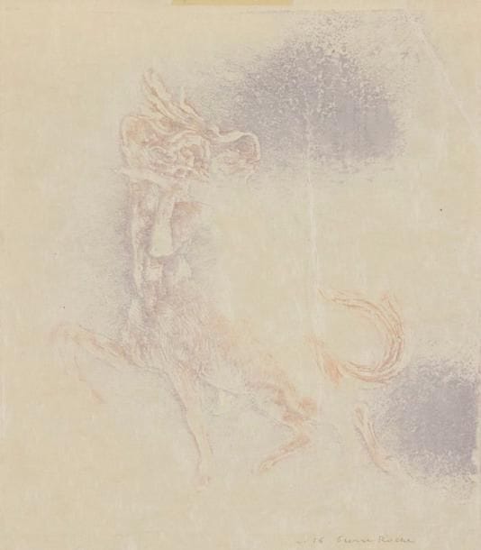 Pierre Roche (Fernand Massignon, dit) (1855-1922)
Femme nue et centaure. Gypsographie. 130 x 140. Impression en couleurs. Belle épreuve sur japon, numérotée et signée à la mine de plomb. Pli cassé vertical médian et pli cassé dans l'angle supérieur droit. Marges étroites. Joint: Femme-arbre. Gypsographie. [160 x 250]. Impression en couleurs. Très belle épreuve sur vélin, non signée. Toutes marges. Ens. 2 p