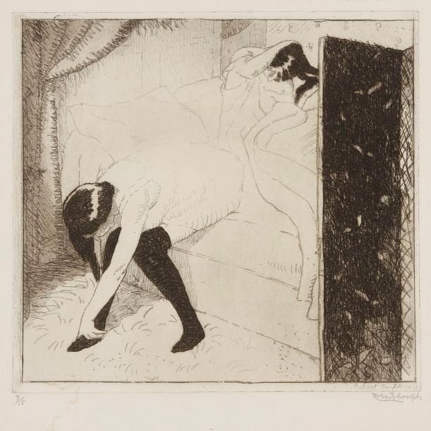 ROBERT BONFILS (1886-1972)
Deux femmes au lever. 1913. Eau-forte. 268 x 250. Très belle épreuve sur vélin, numérotée et signée à la mine de plomb. Infime auréole claire d'humidité en pied. Toutes marges. Rare. Tirage à 15 épreuves
