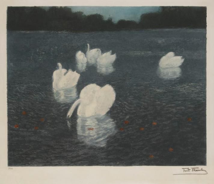 Frits THAULOW (1847-1906)
Les Cygnes. Aquatinte. 605 x 495. Paulsson 8. Impression en couleurs. Très belle épreuve sur vergé, avec rehauts de gouache rouge, numérotée et signée à la mine de plomb. Légère oxydation du feuillet. Courtes déchirures restaurées aux bords du feuillet, petits trous et pli horizontal en pied. Toutes marges