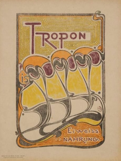 HENRY VAN DE VELDE (1863-1957)
Tropon ist Eiweiss Nahrung. 1898. Lithographie (report d'un bois gravé). 200 x 310. Das Frühe Plakat, t. II, n° 1134. Impression en couleurs. Belle épreuve sur vélin fort ivoire. Texte typographié en pied du feuillet à gauche. Fins plis de tirage en pied. Minuscule tache brune dans le sujet. Toutes marges. Tirage de Pan, 4e année, fascicule 1