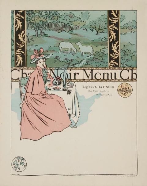 George Auriol (Jean-Georges Huyot, dit) (1863-1938) (d'après)
Menu pour le Logiz du Chat Noir. Gillotage et texte typographié. [280 x 350]. Leroy-Crèvecoeur 402. Impression en couleurs. Très belle épreuve sur vélin, avant le texte du menu. Rousseurs claires au verso. Toutes marges. Joint: Chansons de France. Couverture pour un album de mélodies. Vers 1888. Phototypie. [580 x 380]. Leroy-Crèvecoeur 254. Impression en couleurs. Belle épreuve sur japon, rempliée. Empoussiérage, plis et petits accidents. Contenant 6 partitions illustrées. Ens. 2 p