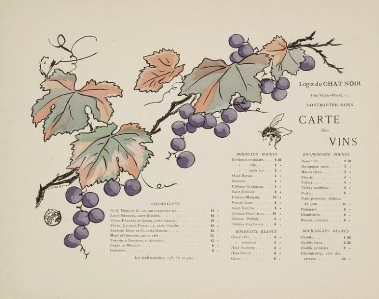 George Auriol (Jean-Georges Huyot, dit) (1863-1938) (d'après)
Logiz du Chat Noir, carte des vins. Gillotage et texte typographié. [356 x 282]. Leroy-Crèvecoeur non décrit. Impression en couleurs. Parfaite épreuve sur vélin, avant le texte du menu. Toutes marges
