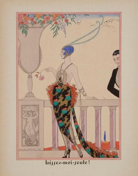 GEORGE BARBIER (1882-1932)
Laissez-moi-seule ! 1919. Pochoir en couleurs. [252 x 325]. Belle épreuve sur vergé, légèrement oxydée. Infimes déchirures aux bords du feuillet. Toutes marges
