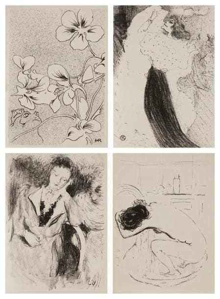P. Bonnard - M. Denis - H.-G. Ibels - H. de Toulouse-Lautrec F. Vallotton - Éd. Vuillard, et al
Exposition de la «Dépêche» de Toulouse. Catalogue illustré de 17 lithographies originales. Catalogue de l'exposition ouverte le 15 mai 1894 dans les salons de la «Dépêche», illustré de lithographies originales par L. Anquetin (L'Arrivée, I.F.F. n. d.), P. Bonnard (Le Tub, Bouvet 29), M. Denis (La Dame au jardin d'or, Cailler 80), Eug. Grasset (L'Envie, I.F.F. n. d.), H.-G. Ibels (Une parade, I. F. F. n. d.), A. Laugé (Tête de femme, profil à droite, I.F.F. n. d.), M. Maufra (La Pointe de l'Hébullu, Morane 21), Ch. Maurin (Enfant nue), Hermann-Paul (En chemin de fer, I.F.F. n. d.), H. Rachou (Capucines et grenouilles), R. Ranft (Petit port de mer), P. Ranson (Conversation sous la lampe, Ranson-Bitker 10), K.-X. Roussel (Femme dans les bois, Salomon 5), P. Sérusier (Femme dans un bois), H. de Toulouse-Lautrec (Danse excentrique, Delteil 67), F. Vallotton (Le Renseignement, Vallotton et Goerg 52), Éd. Vuillard (Jeune femme accoudée, Roger-Marx 26). Infimes rousseurs et léger empoussiérage (essentiellement à la couverture). In-12 broché, 36 pp., couverture imprimée et décorée. Rare
