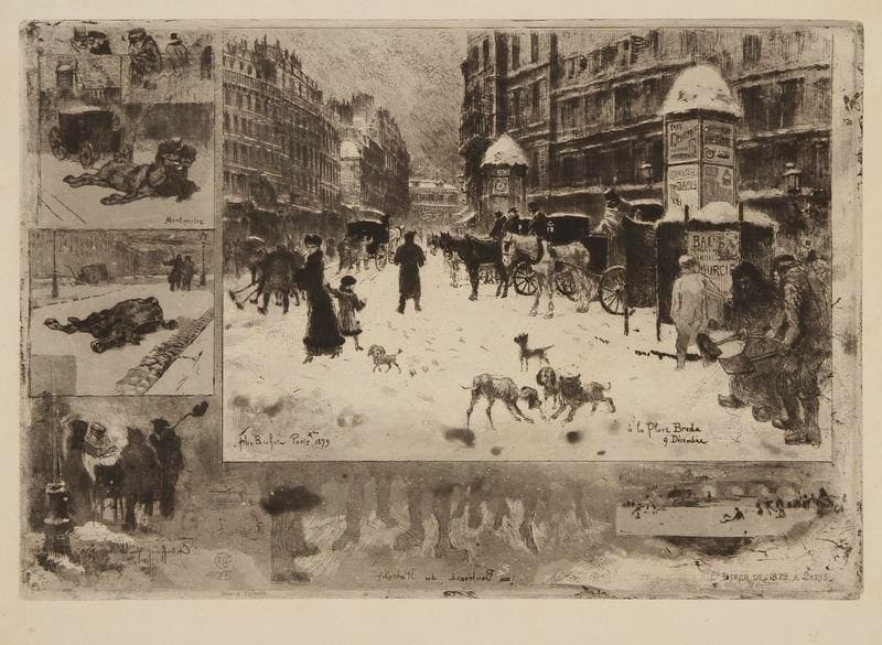 Félix BUHOT (1847-1898)
L'Hiver à Paris, ou La Neige à Paris. 1879. Eau-forte, pointe sèche et vernis mou. 348 x 240. Bourcard-Goodfriend 128. Très belle épreuve sur vergé, légèrement oxydée, du tirage de L'Art. Infimes rousseurs et traces de plis. Toutes marges