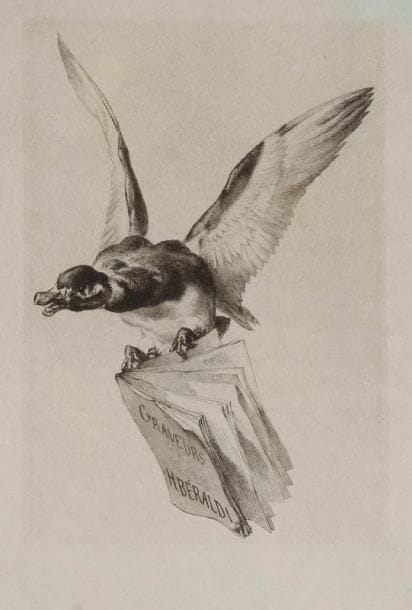 Félix BRACQUEMOND (1833-1914)
Titre pour «Les Graveurs du XIXe s.» par Beraldi (livre et canard). Eau-forte. 125 x 180. Beraldi 794. L'une des 10 épreuves du 3e état (sur 4), avant les noms gravés et le chiffre III, tirées sur parchemin. Ondulations en tête du feuillet. Toutes marges