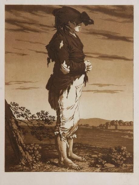 Ludwig Buchhorn (1770-1856)
Die Bettlerjugend. (Les Jeunes mendiants) (4 pl. d'une suite de 12). 1804. Eau-forte et aquatinte. 195 x 250. Impression en sépia. Très belles épreuves sur vergé. Petites épidermures à une pl. Trous de reliure en tête. Toutes marges. Ens. 4 p