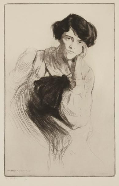 Edgar CHAHINE (1874-1947)
Mademoiselle Delvair de la Comédie Française. 1901. Pointe sèche. 296 x 462. Tabanelli 73. Très belle épreuve sur vélin, signée et numérotée à la mine de plomb. Très claire trace d'oxydation à l'ouverture d'un ancien montage. Toutes marges. Tirage à 100 épreuves