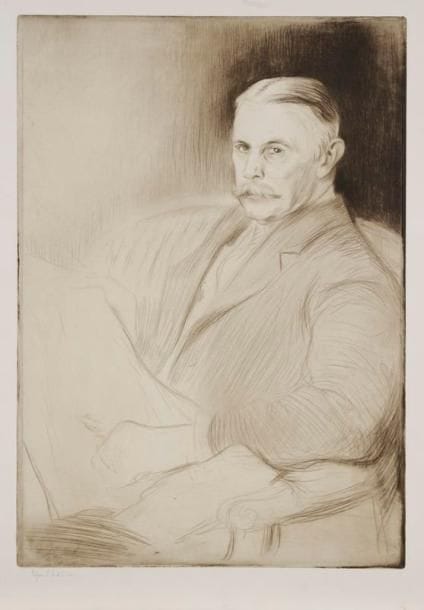 Edgar CHAHINE (1874-1947)
Portrait de Monsieur W. Maltass (2e pl.). 1908. Pointe sèche. 348 x 498. Tabanelli 271. Très belle épreuve tirée en noir bistré sur vélin fort, du 1er état (sur 2), avant la reprise de la main gauche et avant la signature et la date gravées, signée à la mine de plomb. Toutes marges. Rare (état définitif tiré à «un petit nombre d'épreuves»). Joint: Le Canal de la Villette. 1899. Pointe sèche. 270 x 393. Tabanelli 33. Très belle épreuve sur vergé chamois, de l'état définitif, non signée. Toutes marges. Ens. 2 p