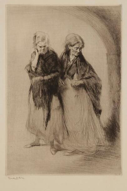 Edgar CHAHINE (1874-1947)
Venise, peociose (les pouilleuses). 1922. Pointe sèche. 218 x 320. Tabanelli 347. Parfaite épreuve sur vélin fort, signée à la mine de plomb. Toutes marges. Tirage à 100 épreuves