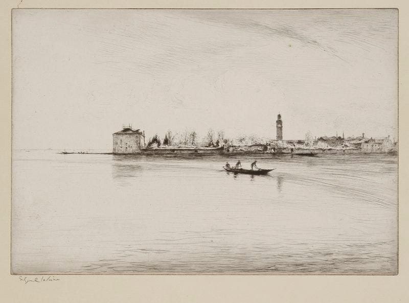 Edgar CHAHINE (1874-1947)
Venise, casin dei Spiriti. 1923. Pointe sèche. 318 x 218. Tabanelli 380. Parfaite épreuve sur chine appliqué sur vélin fort, signée à la mine de plomb. Un point de rouille dans le ciel. Petites salissures au bord supérieur droit. Toutes marges. Tirage à 100 épreuves