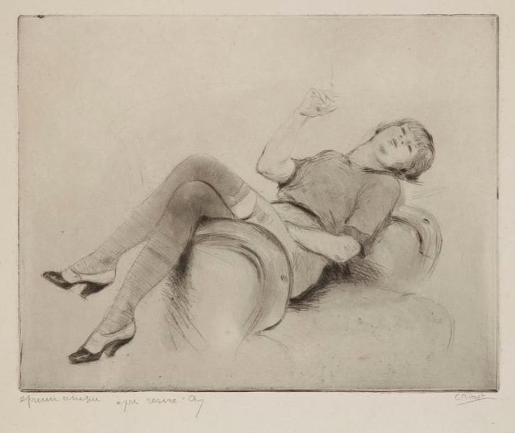 Édouard Chimot (1880-1959)
Rêverie sans gêne [Femme renversée à la cigarette]. 1913. Pointe sèche et aquatinte. 186 x 240. Réunion de 2 épreuves d'état, sur japon et sur vélin, annotées à la mine de plomb «épreuve unique», signées du monogramme, la 2e contresignée. Toutes marges
