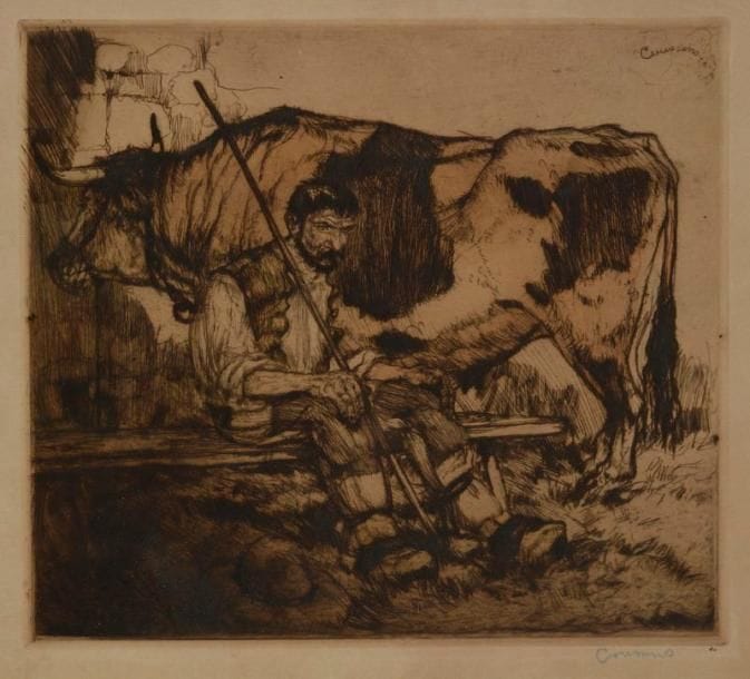 Armand Coussens (1881-1935)
[Vacher assis]. Eau-forte. 295 x 260. Impression en couleurs. Belle épreuve sur vélin, fortement oxydée, signée au crayon bleu. Quelques rousseurs claires éparses. Toutes marges. Cadre