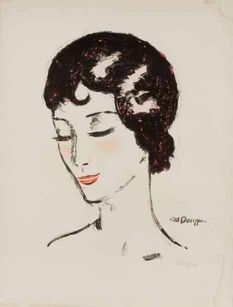 Kees VAN DONGEN (1877-1968)
Jeune fille aux yeux baissés. Lithographie. [505 x 655]. Juffermans (2003) L 16. Impression en couleurs. Très belle épreuve sur vélin, numérotée à la mine de plomb. Petites traces d'oxydation et petites auréoles d'humidité aux bords du feuillet. Toutes marges. Tirage à 250 épreuves