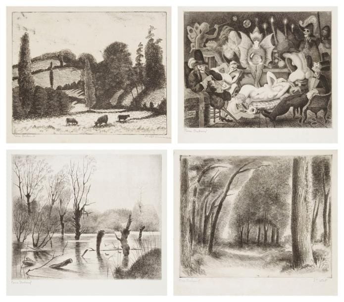 Pierre DUBREUIL (1891-1970)
Fête masquée; Paysages. Vers 1935-1960. Eau-forte. Formats divers. Très belles épreuves sur différents papiers, signées à la mine de plomb, certaines annotées. Toutes marges. Ens. 4 p