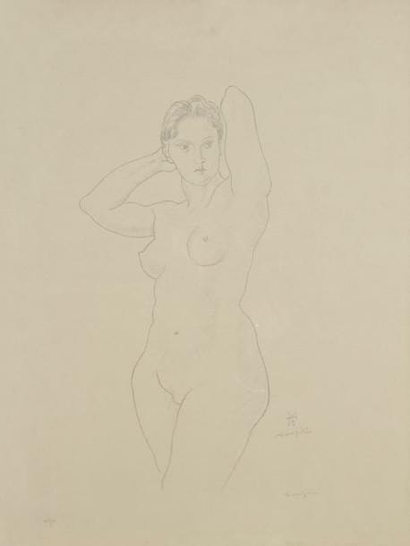 Léonard-Tsuguharu FOUJITA (1886-1968)
Nu debout aux bras levés. 1928. Lithographie. À vue: 430 x 550. Buisson 28.174. Très belle épreuve sur japon, numérotée et signée à la mine de plomb. Légère oxydation du feuillet. Toutes marges. Tirage à 68 épreuves. Cadre