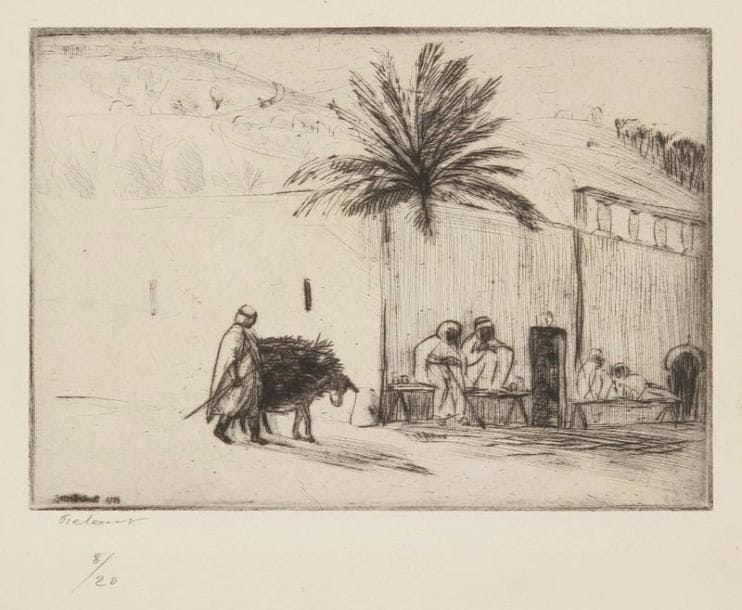 Jean FRÉLAUT (1879-1954)
Gourbi à Cherchell (Algérie); Coin de rue à Cherchell; Cap de Ténès. 1916. Pointe sèche. Chaque env. 180 x 130. Delteil 166, 167 et 168. Très belles épreuves sur vergé, la dernière sur vergé ancien, signées et numérotées à la mine de plomb. Toutes marges. Tirage à 20 épreuves. Timbre sec: Ed. Sagot éditeur, Paris (Lugt 2254). Ens. 3 p