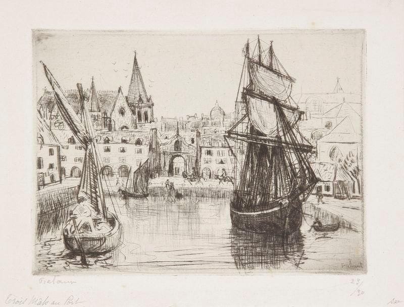 Jean FRÉLAUT (1879-1954)
Trois-mâts au port. 1924. Pointe sèche. 178 x 130. Delteil 249. Très belle épreuve sur chine volant, signée et numérotée à la mine de plomb. Toutes marges. Tirage à 30 épreuves. Timbre sec: Ed. Sagot éditeur, Paris (Lugt 2254). Joint: L'Anse du Grého. 1927. Pointe sèche. 200 x 120. Delteil 293. Très belle épreuve sur vergé, numérotée et signée à la mine de plomb. Toutes marges. Tirage à 50 épreuves. Même timbre. Ens. 2 p