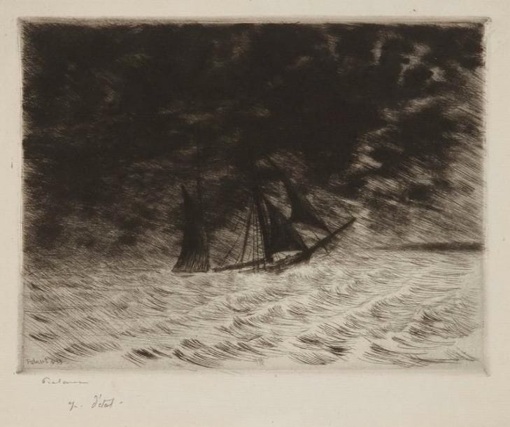 Jean FRÉLAUT (1879-1954)
La Goélette en mer. 1933. Eau-forte et pointe sèche. 195 x 150. Frélaut 356. Très belle épreuve sur vergé ancien, signée à la mine de plomb et annotée «ep. d'état». Toutes marges