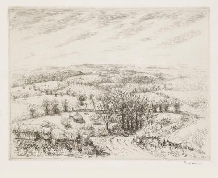 Jean FRÉLAUT (1879-1954)
Chapelle dans les buissons. 1937. Pointe sèche. 196 x 150. Frélaut 468. Très belle épreuve sur vergé ancien, signée et numérotée puis enrichie d'un croquis à la mine de plomb en pied avec la mention: «souvent dans les nuages j'avais oublié de signer cette épreuve (...) Frélaut». Toutes marges. Tirage à 30 épreuves. Joint: Vallon de Plumelec. 1937. Eau-forte et pointe sèche. 206 x 158. Delteil 470. Très belle épreuve sur vélin, signée et numérotée à la mine de plomb. Toutes marges. Même tirage. Ens. 2 p