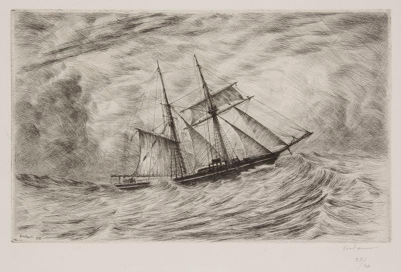 Jean FRÉLAUT (1879-1954)
La Goélette en mer. 1939. Eau-forte et pointe sèche. 327 x 200. Frélaut 617. Très belle épreuve sur vélin, signée à la mine de plomb et annotée «ep. d'état». Toutes marges