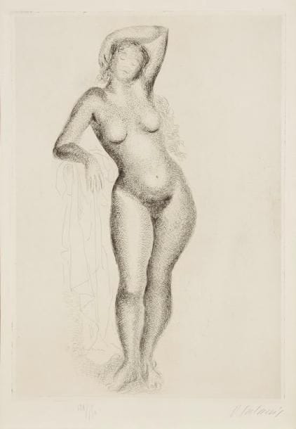Démétrios Galanis (grec, 1882-1966)
Nu. 1927. Eau-forte. 318 x 450. I.F.F. 53. Parfaite épreuve sur vélin fort, numérotée et signée à la mine de plomb. Toutes marges. Tirage à 150 épreuves. Timbre sec: Le Chien de Pique (Lugt non décrit)