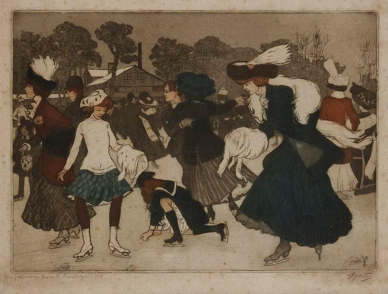 Pierre GATIER (1878-1944)
Patinage au Bois. 1907. Eau-forte et aquatinte. 334 x 238. Gatier 40. Impression en couleurs. Bonne épreuve sur vergé, numérotée, titrée, datée et signée à la mine de plomb. Fortes rousseurs éparses. Infime accident en pied. Toutes marges. Tirage à 50 épreuves. Cadre