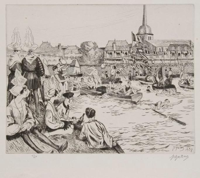 Pierre GATIER (1878-1944)
Petite rue Royale. 1922; L'Hiver s'en va. 1925; Les Amateurs d'estampes. 1926; Navire sur le dur. 1927; Réjouissance nautique aux Sables d'Olonne. 1928; Sur la grève à Equihen. 1929; Les Barges anglaises. 1929. Eau-forte; pointe sèche. Formats divers. Gatier 193, 215, 235, 260, 291, 297 et 300. Très belles épreuves sur différents papiers, annotées ou numérotées et signées à la mine de plomb. Toutes marges. Ens. 7 p