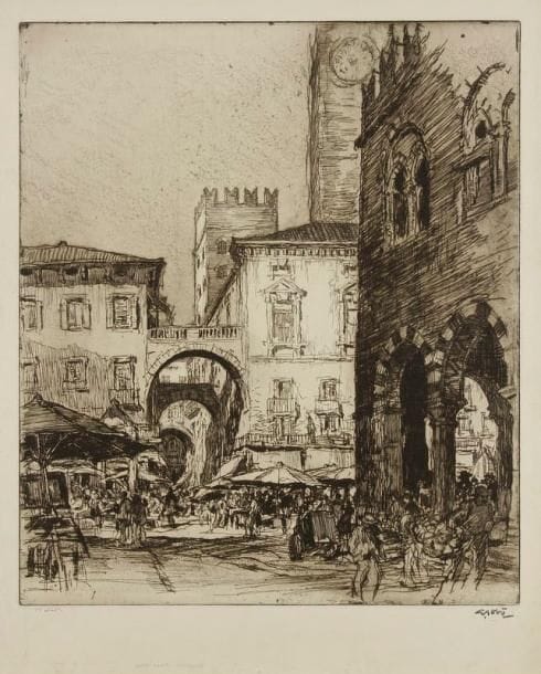 Georges GOBO (1876-1958)
La Place aux herbes à Vérone. 1914. Eau-forte. 445 x 518. I.F.F. 25. Très belle épreuve sur vélin, annotée «1er état» et timbrée. Rousseurs claires et léger empoussiérage. Toutes marges