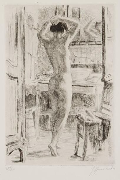 Raphaël Drouart (1884-1972)
Femme debout à sa toilette. 1926. Pointe sèche. 150 x 220. Lefrançois 320. Très belle épreuve sur vélin, numérotée et signée à la mine de plomb. Double pli oblique dans l'angle inférieur gauche du feuillet. Toutes marges. Tirage à 60 épreuves