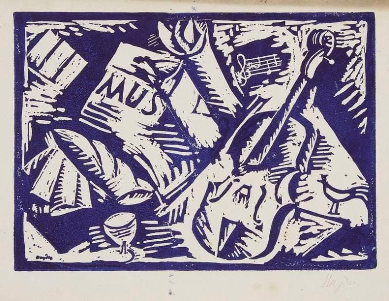 Henri HAYDEN (1883-1970)
Musique. 1916. Bois gravé. 215 x 155. Impression en violet. Très belle épreuve sur vélin crème, revêtue d'une signature à la mine de plomb. Courtes traces de plis. Toutes marges