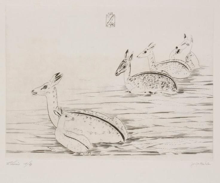 Joseph HECHT (1891-1951)
Cerfs indochinois I. 1950. Burin. 340 x 250. Plumart, Tonneau-Ryckelynck 370. Très belle épreuve d'essai sur chine volant, annotée «Chine 1/4» et signée à la mine de plomb. Petit manque dans l'angle inférieur gauche. Toutes marges. Tirage définitif à 200 épreuves. Édition de la Guilde de la Gravure (Genève)